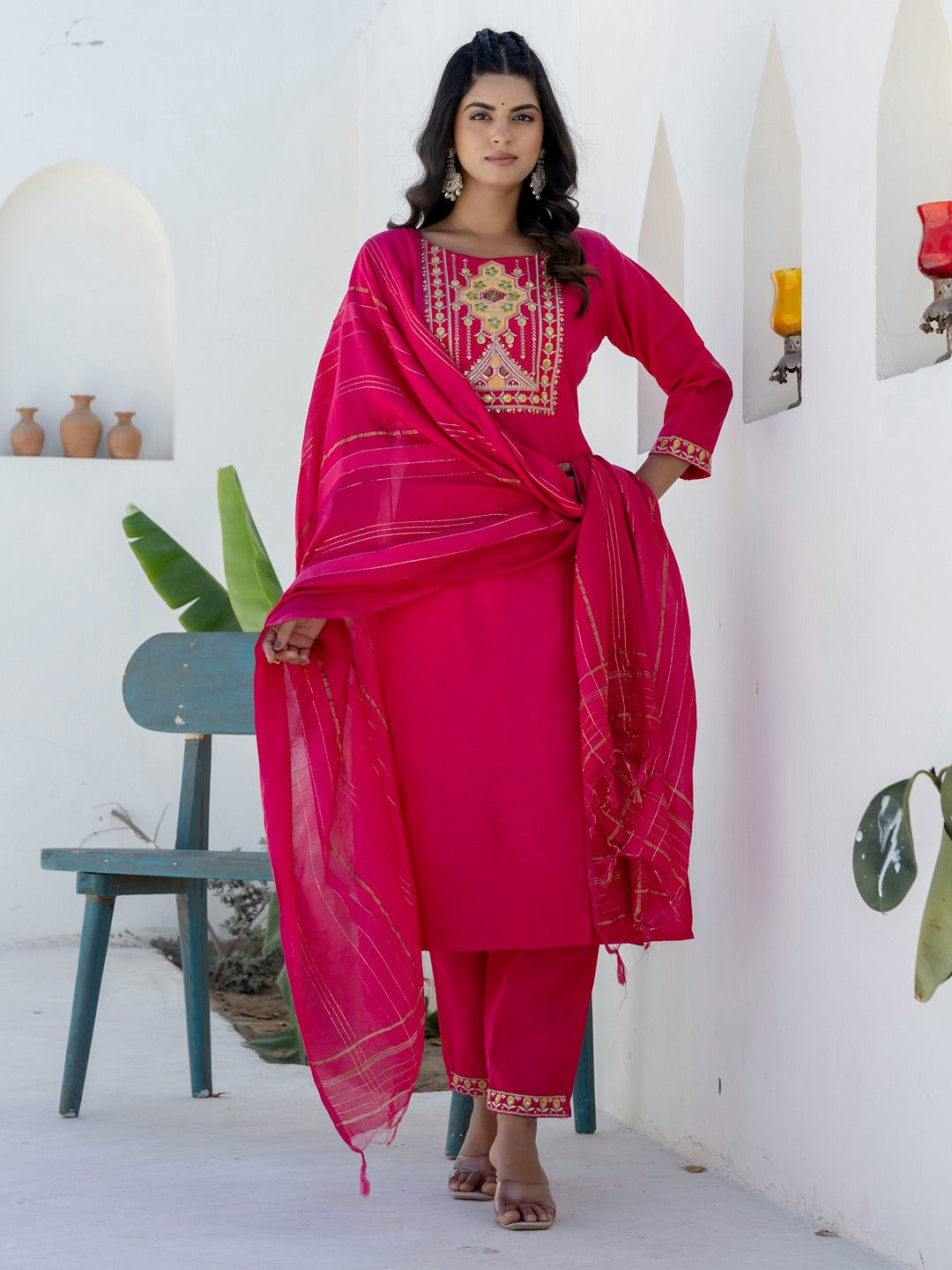 Women's Cotton Blend Kurta Set with Chanderi Dupatta