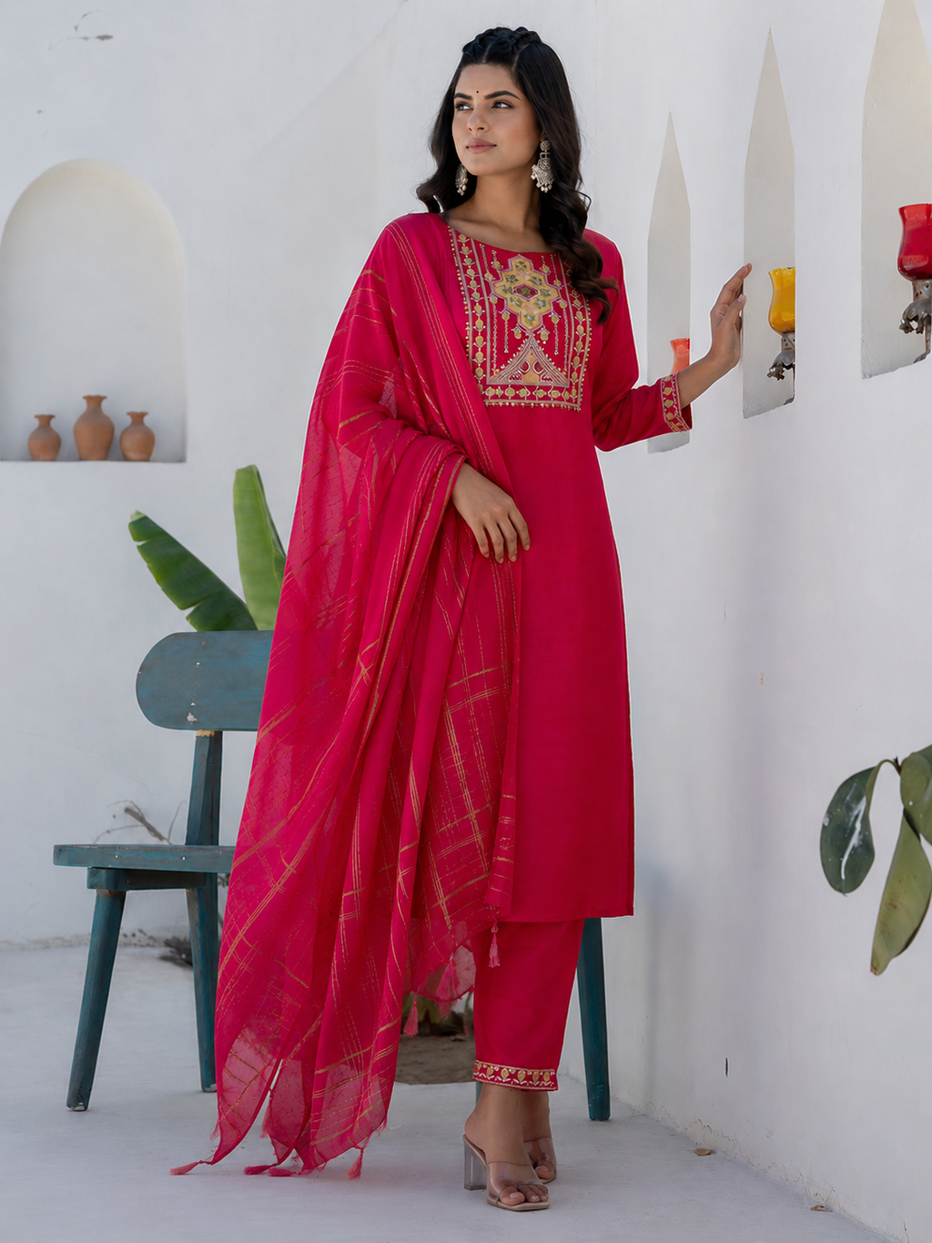 Women's Cotton Blend Kurta Set with Chanderi Dupatta