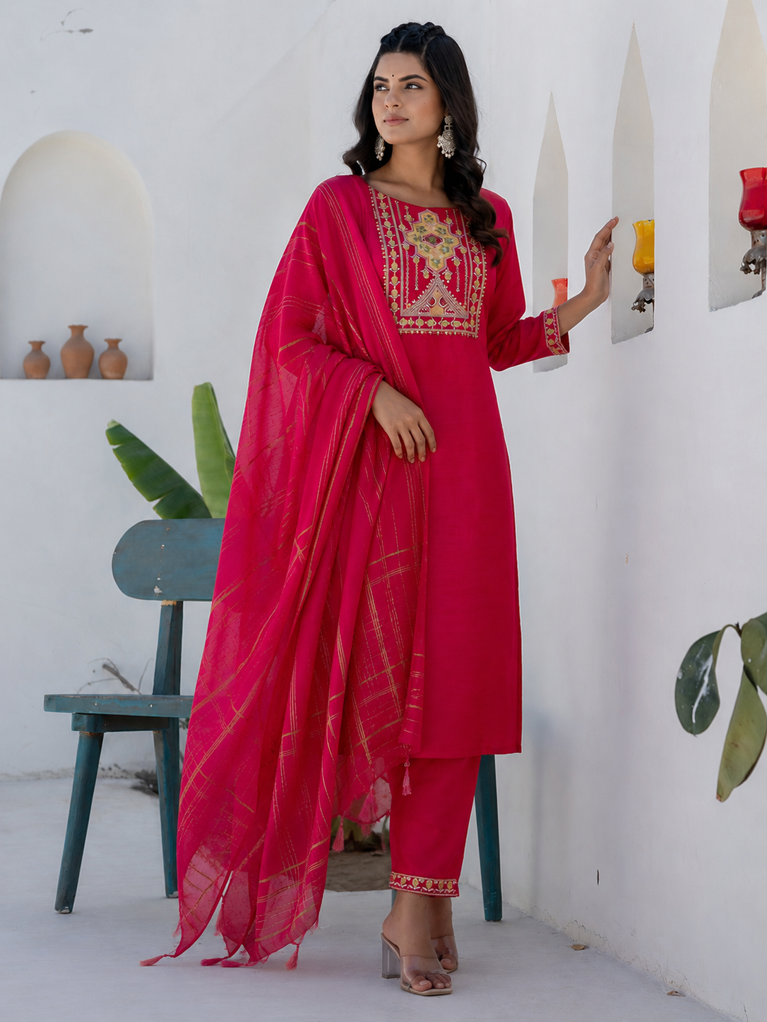 Women's Cotton Blend Kurta Set with Chanderi Dupatta