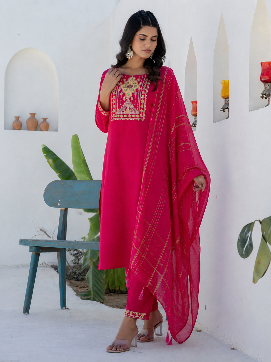 Women's Cotton Blend Kurta Set with Chanderi Dupatta