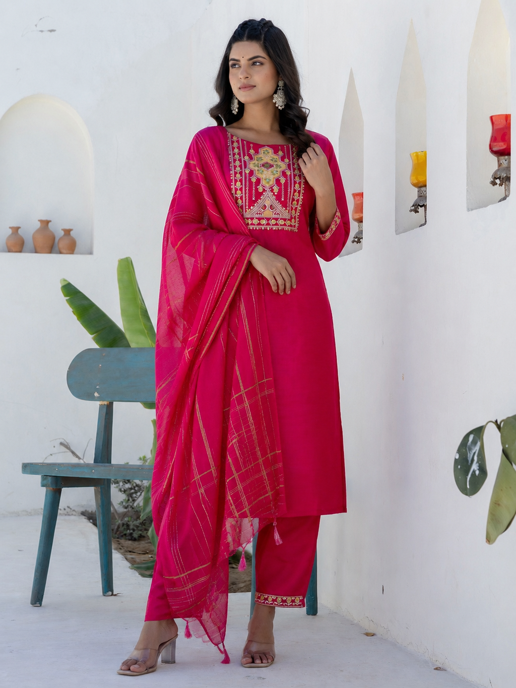 Women's Cotton Blend Kurta Set with Chanderi Dupatta