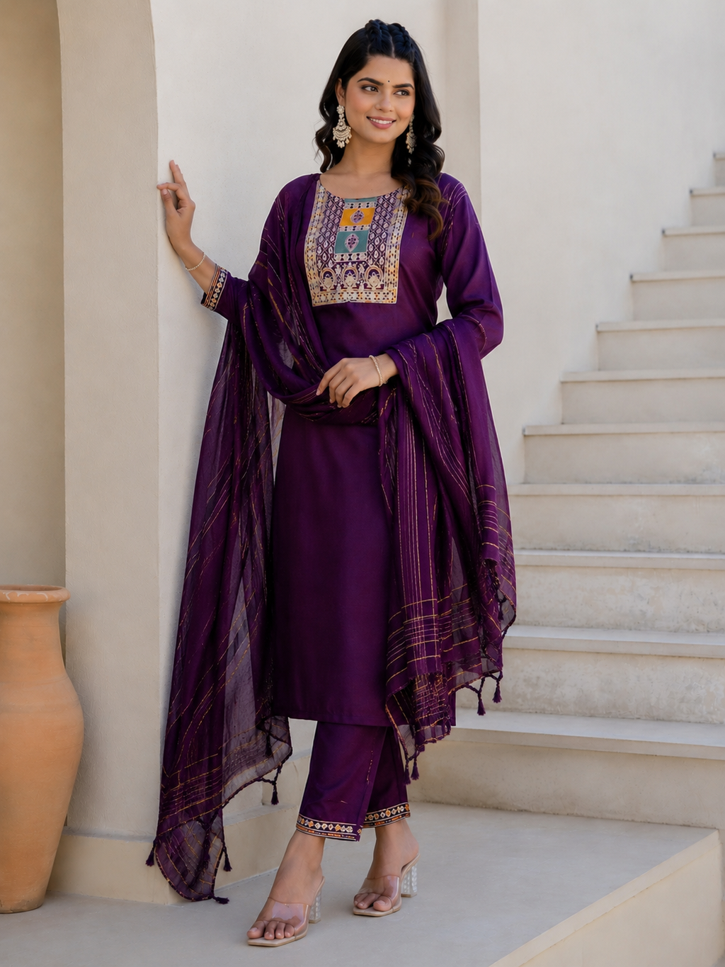 Women's Cotton Blend Kurta Set with Chanderi Dupatta