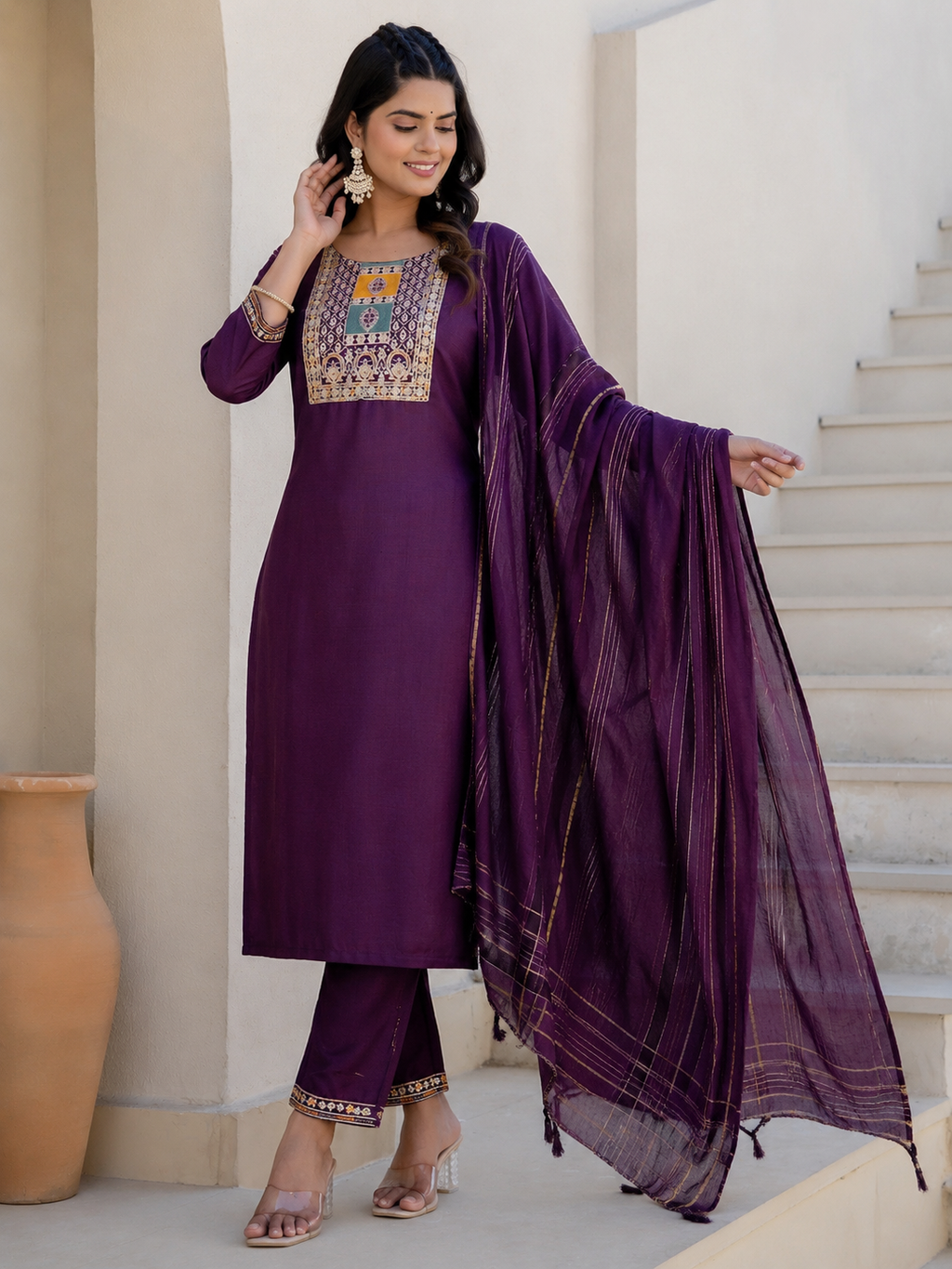 Women's Cotton Blend Kurta Set with Chanderi Dupatta