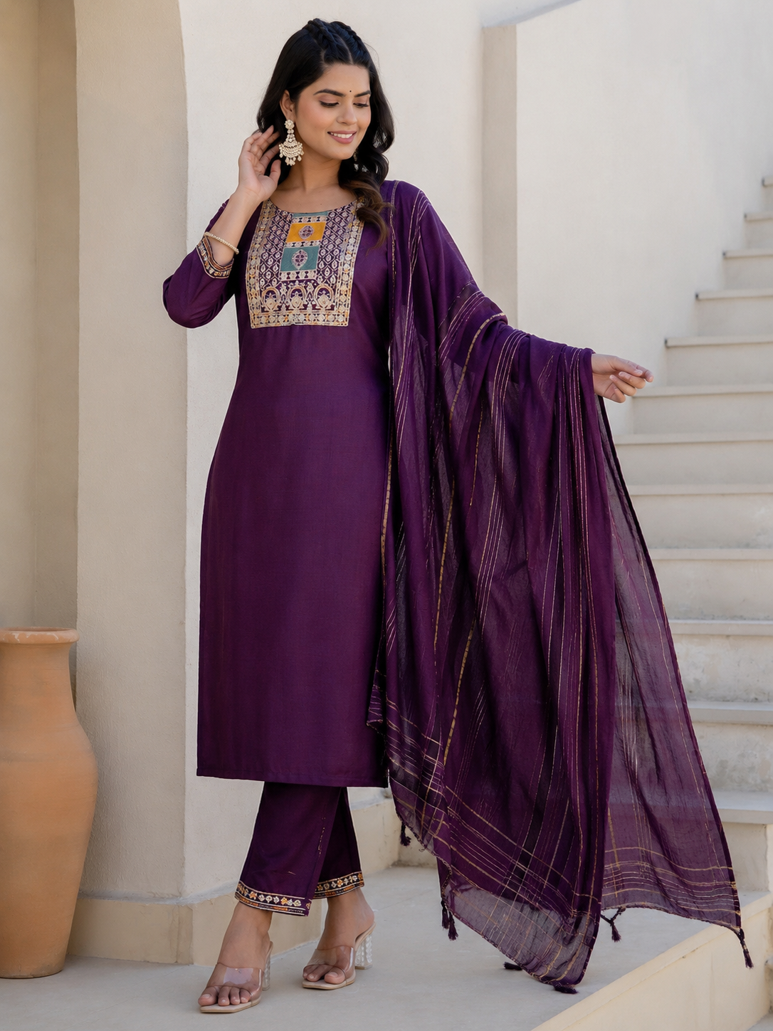 Women's Cotton Blend Kurta Set with Chanderi Dupatta