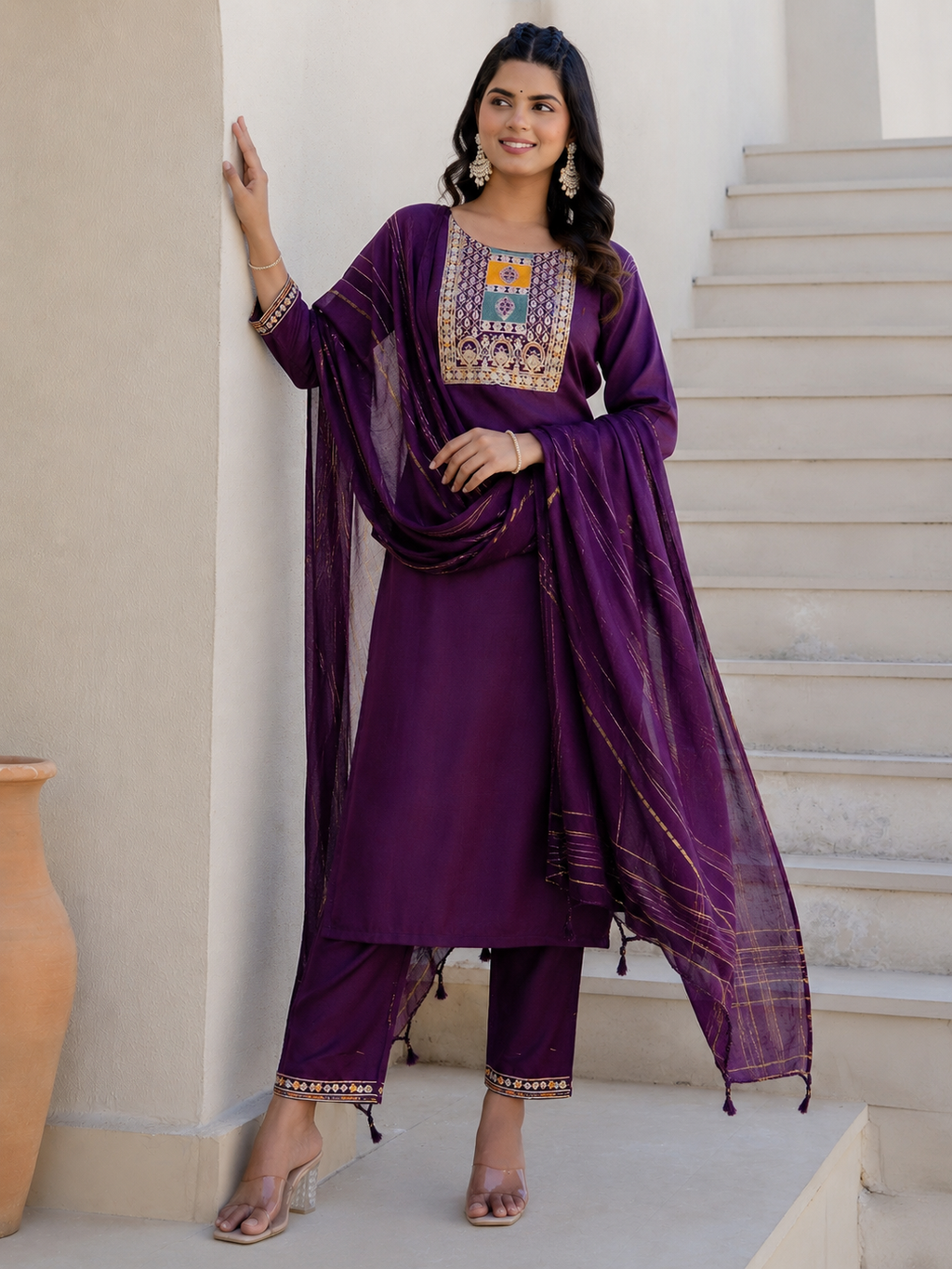 Women's Cotton Blend Kurta Set with Chanderi Dupatta