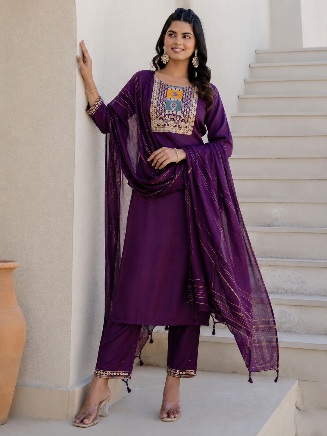 Women's Cotton Blend Kurta Set with Chanderi Dupatta