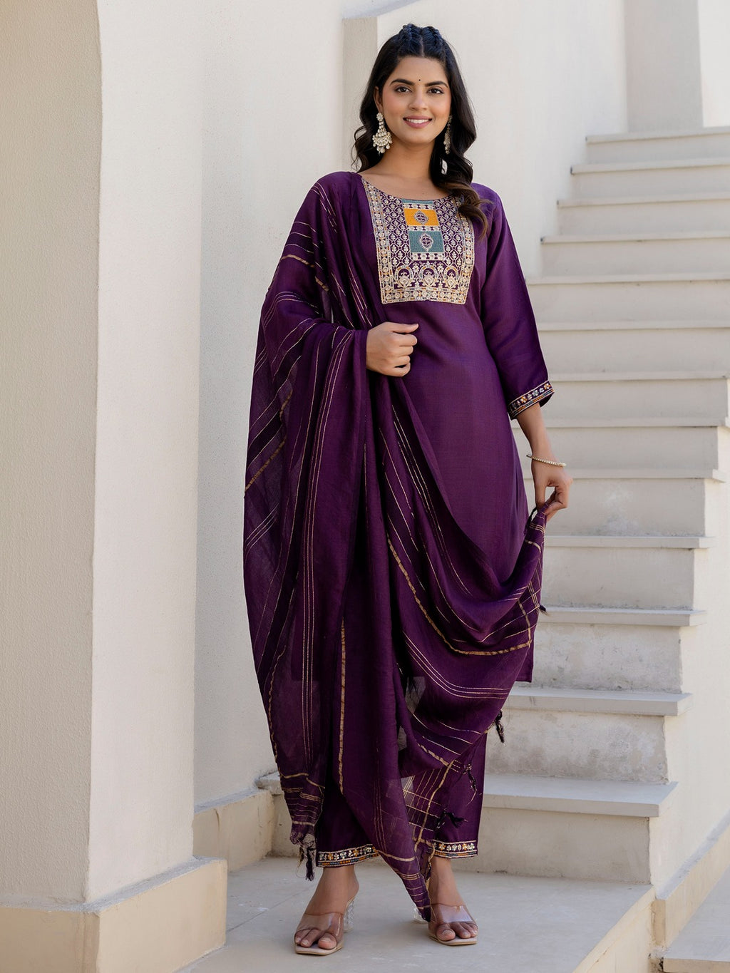 Women's Cotton Blend Kurta Set with Chanderi Dupatta