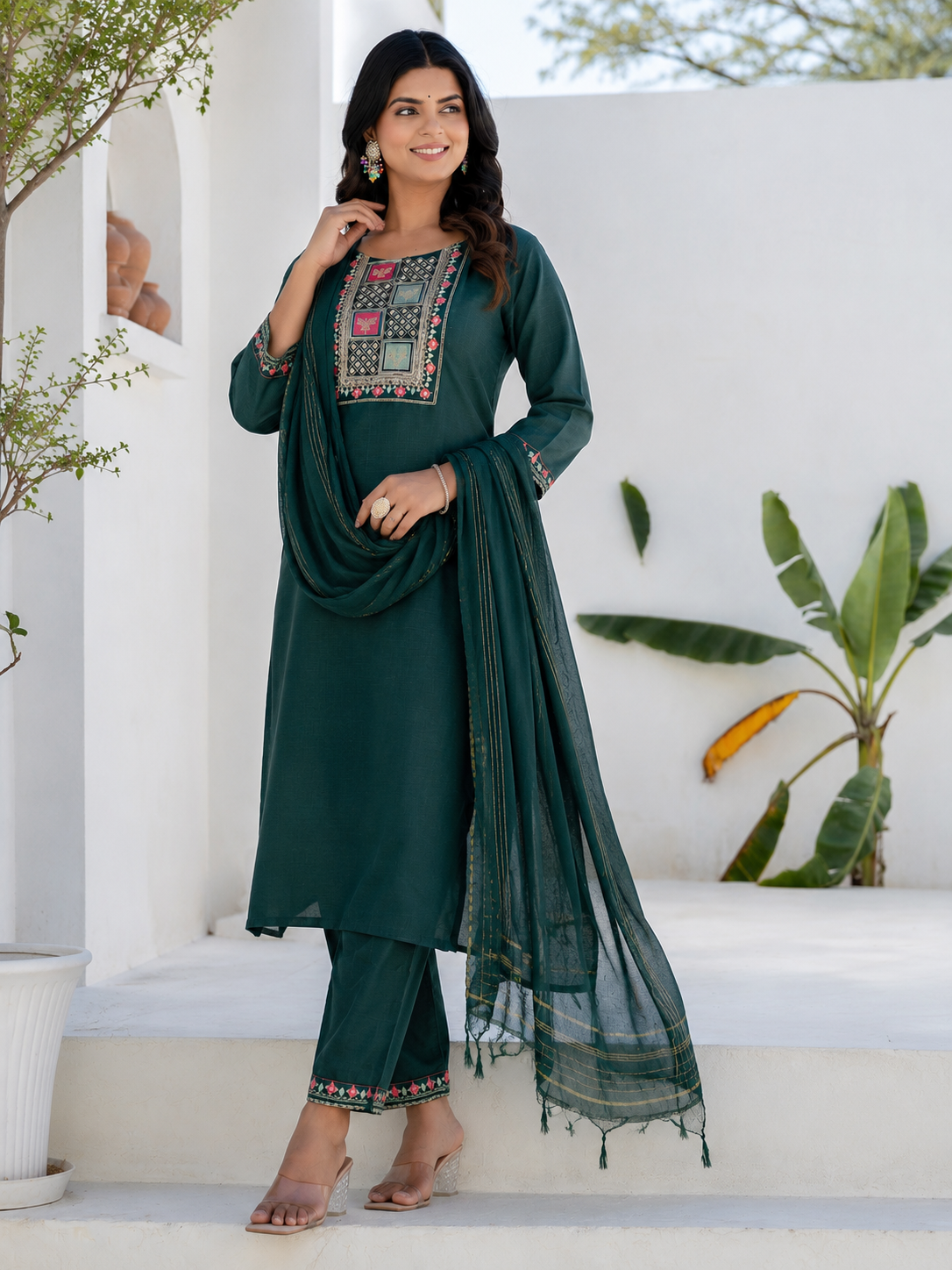 Women's Cotton Blend Kurta Set with Chanderi Dupatta