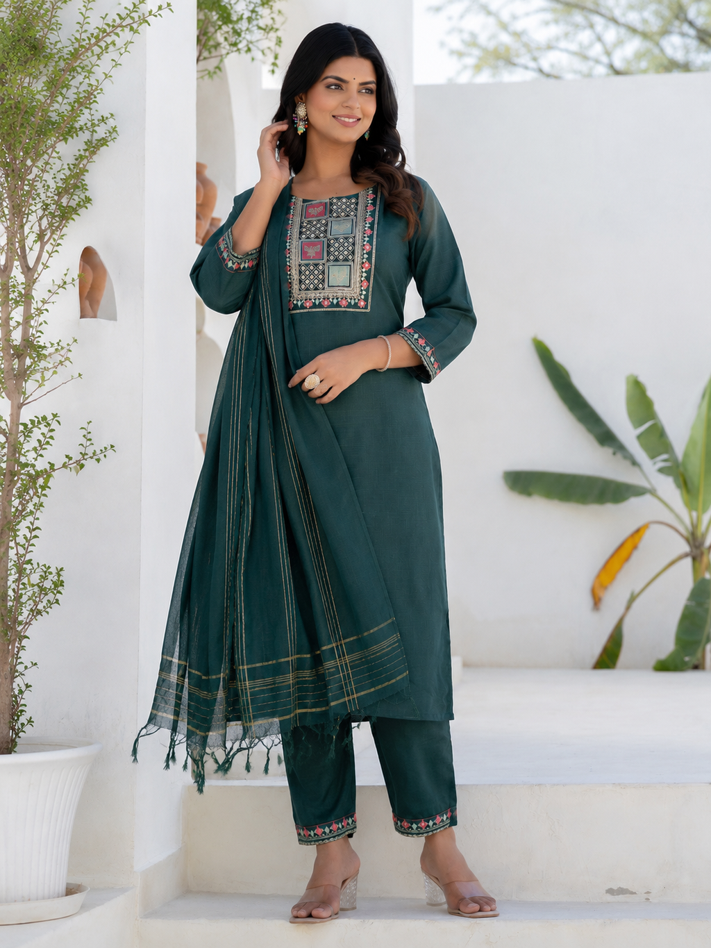Women's Cotton Blend Kurta Set with Chanderi Dupatta