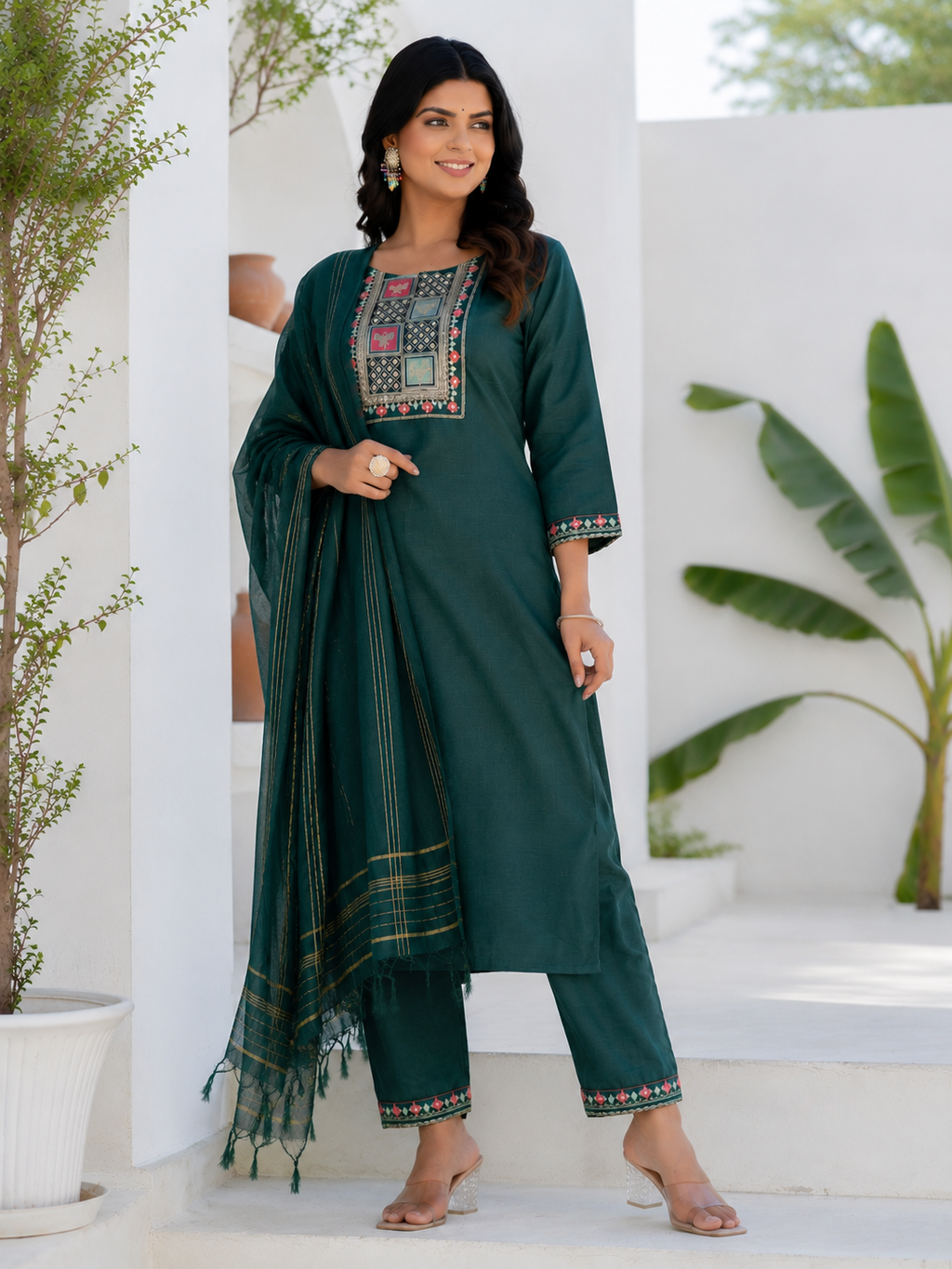 Women's Cotton Blend Kurta Set with Chanderi Dupatta
