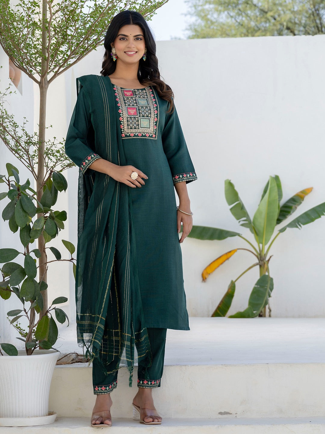 Women's Cotton Blend Kurta Set with Chanderi Dupatta