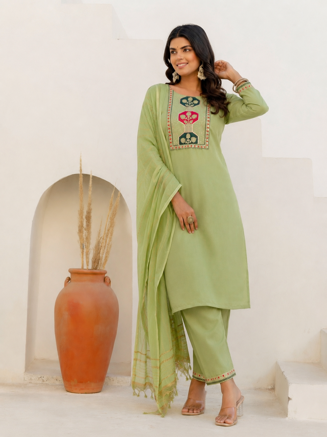 Women's Cotton Blend Kurta Set with Chanderi Dupatta