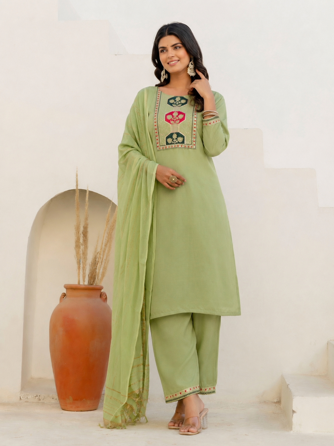 Women's Cotton Blend Kurta Set with Chanderi Dupatta