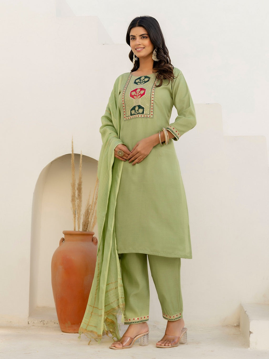Women's Cotton Blend Kurta Set with Chanderi Dupatta