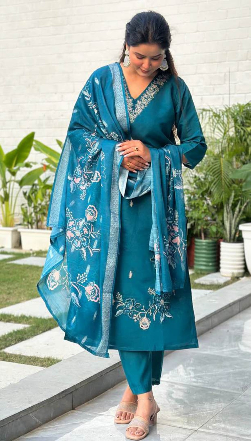 Teal Signature Self-Woven Kurti Set