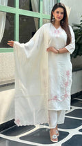 White Pearl Embroidered Silk Kurti Set