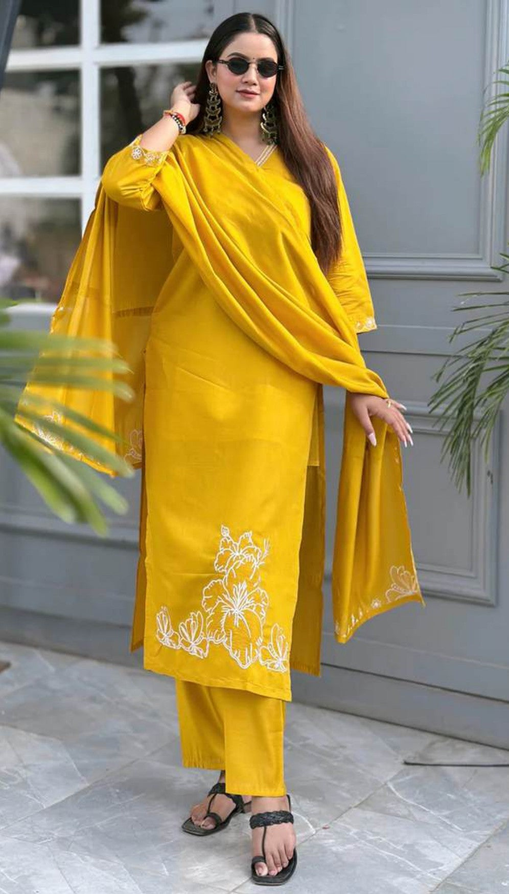 Golden Festive Embroidered Kurti Set