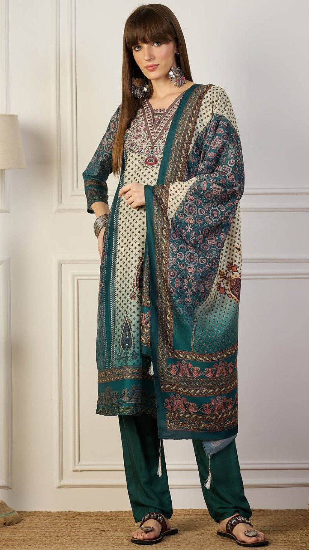 Teal Aura Viscose Silk Kurti Set