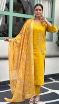 Yellow Signature Self-Woven Kurti Set