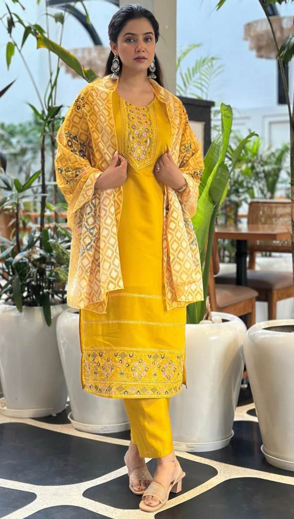 Yellow Heritage Self-Woven Kurti Set