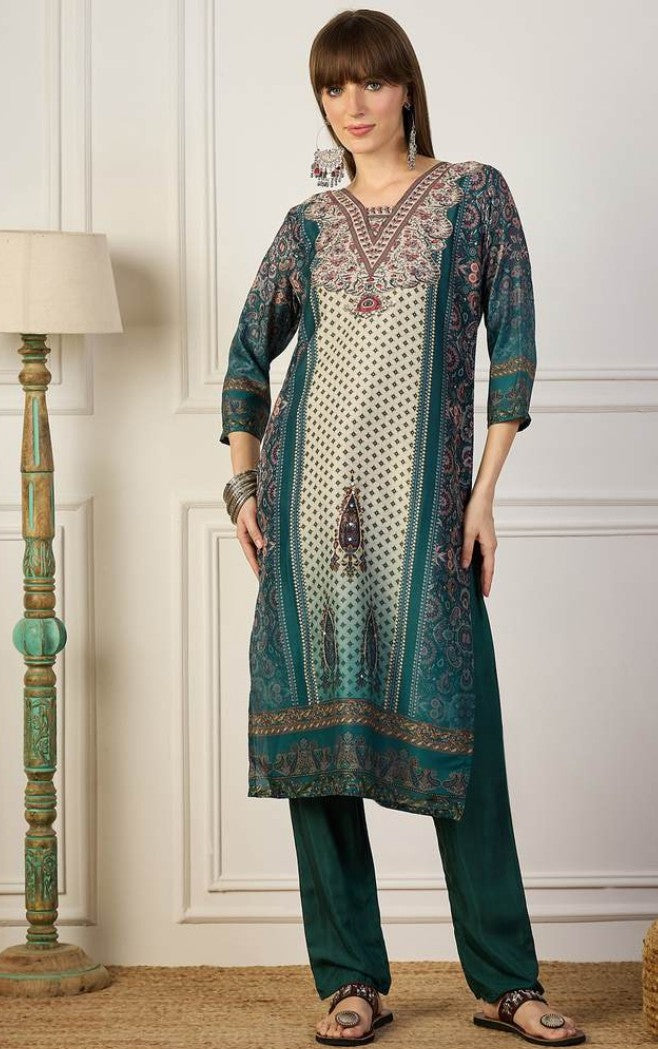 Teal Aura Viscose Silk Kurti Set