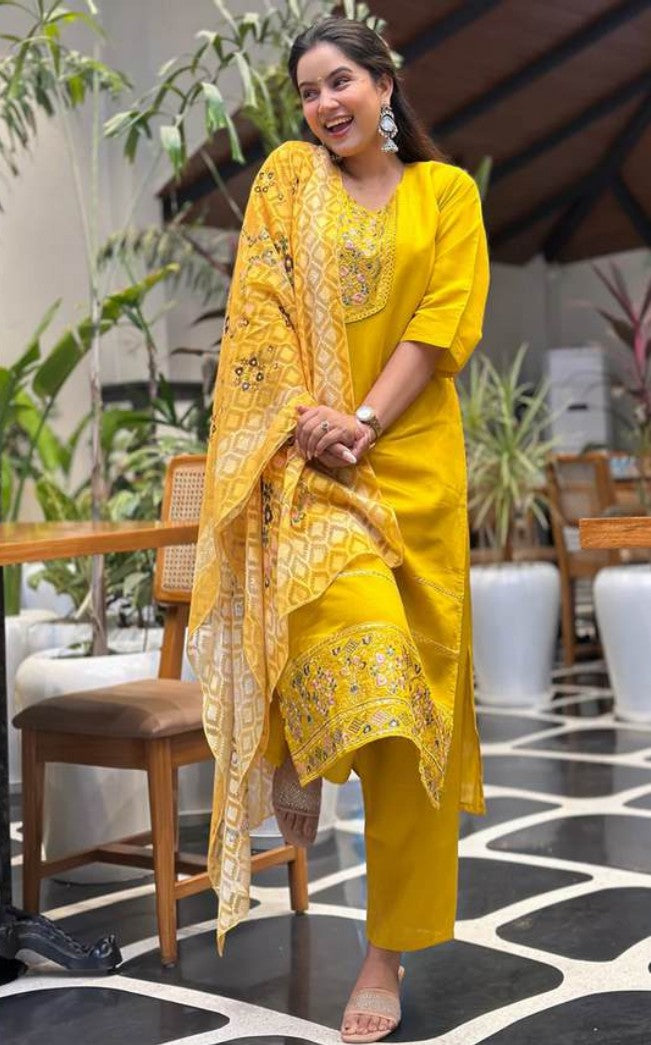 Yellow Heritage Self-Woven Kurti Set