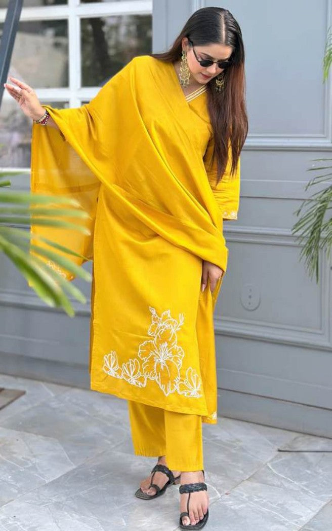 Golden Festive Embroidered Kurti Set