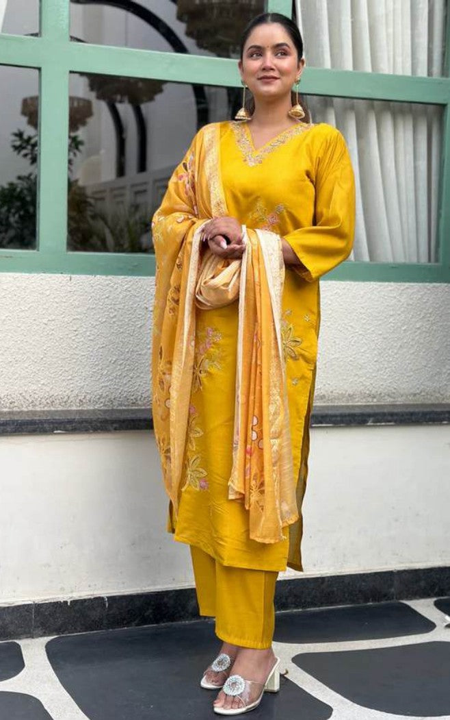 Yellow Signature Self-Woven Kurti Set