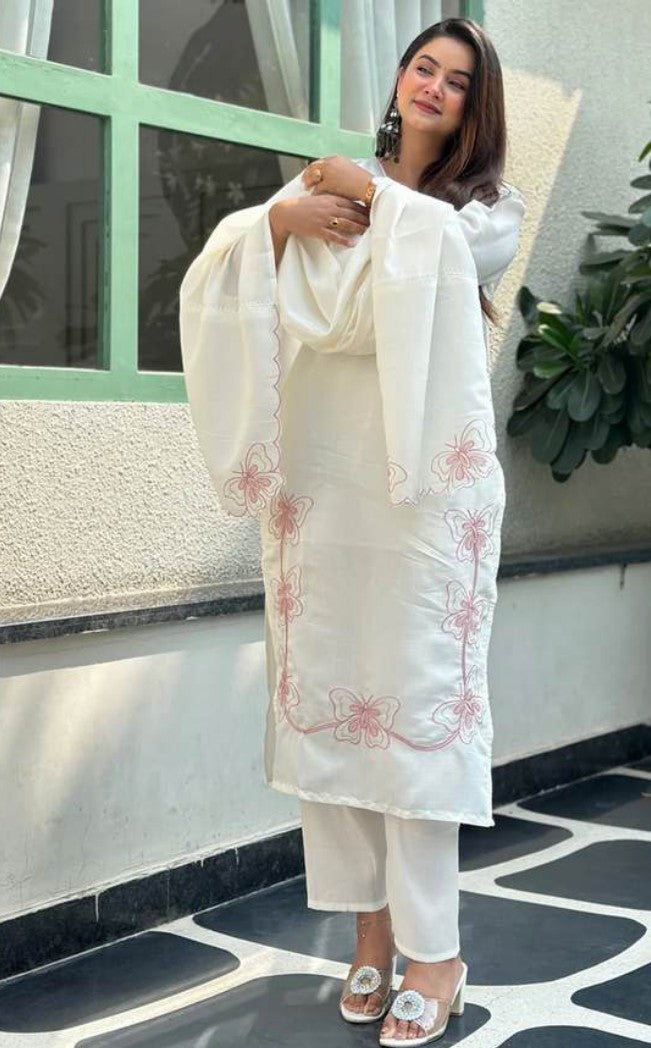 White Pearl Embroidered Silk Kurti Set