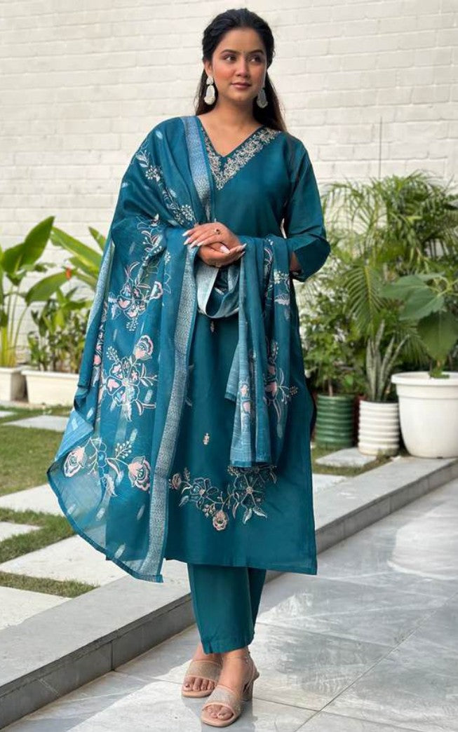 Teal Signature Self-Woven Kurti Set