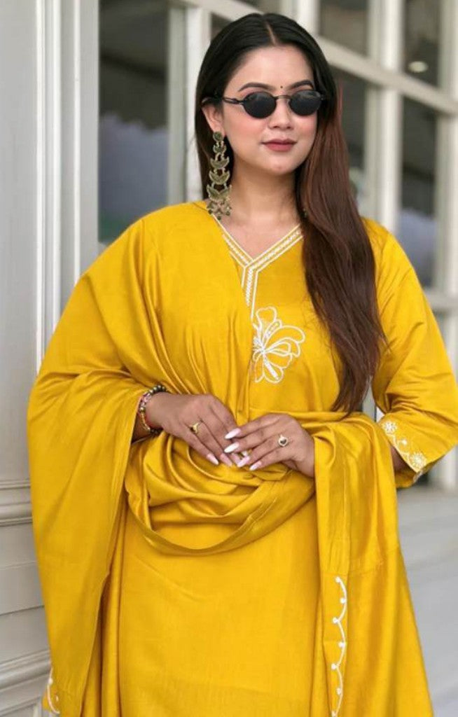 Golden Festive Embroidered Kurti Set