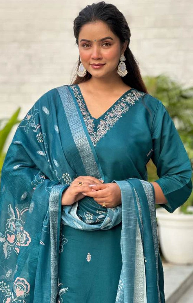 Teal Signature Self-Woven Kurti Set
