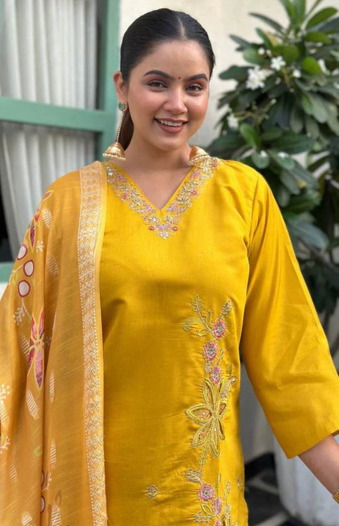 Yellow Signature Self-Woven Kurti Set