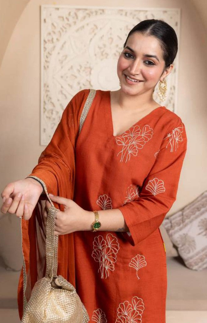 Rust Royale Silk Blend Kurti Set