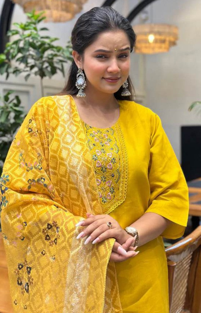 Yellow Heritage Self-Woven Kurti Set