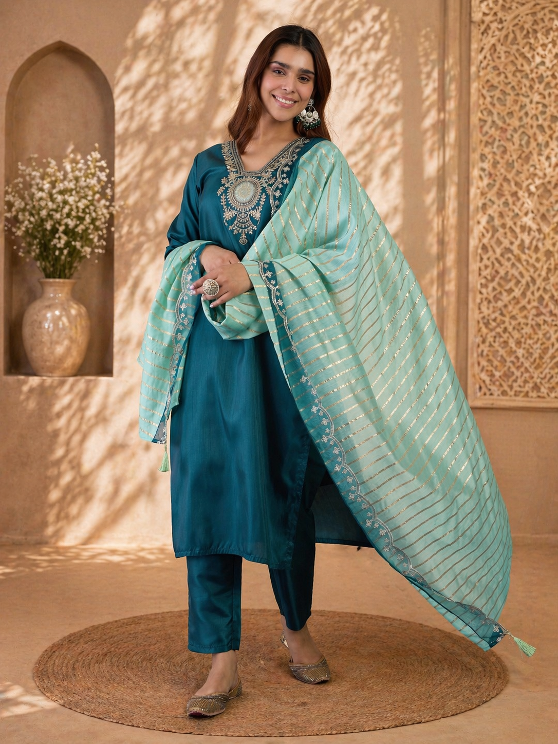 Teal Blossom Zora Silk Kurti Set