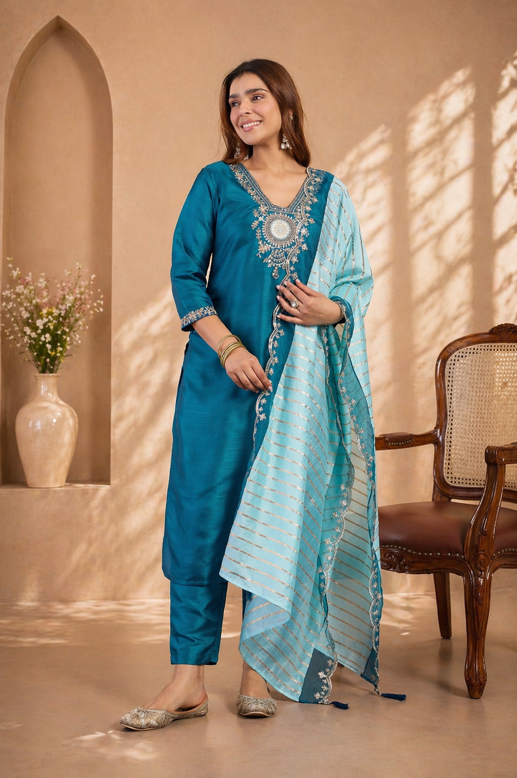 Teal Blossom Zora Silk Kurti Set