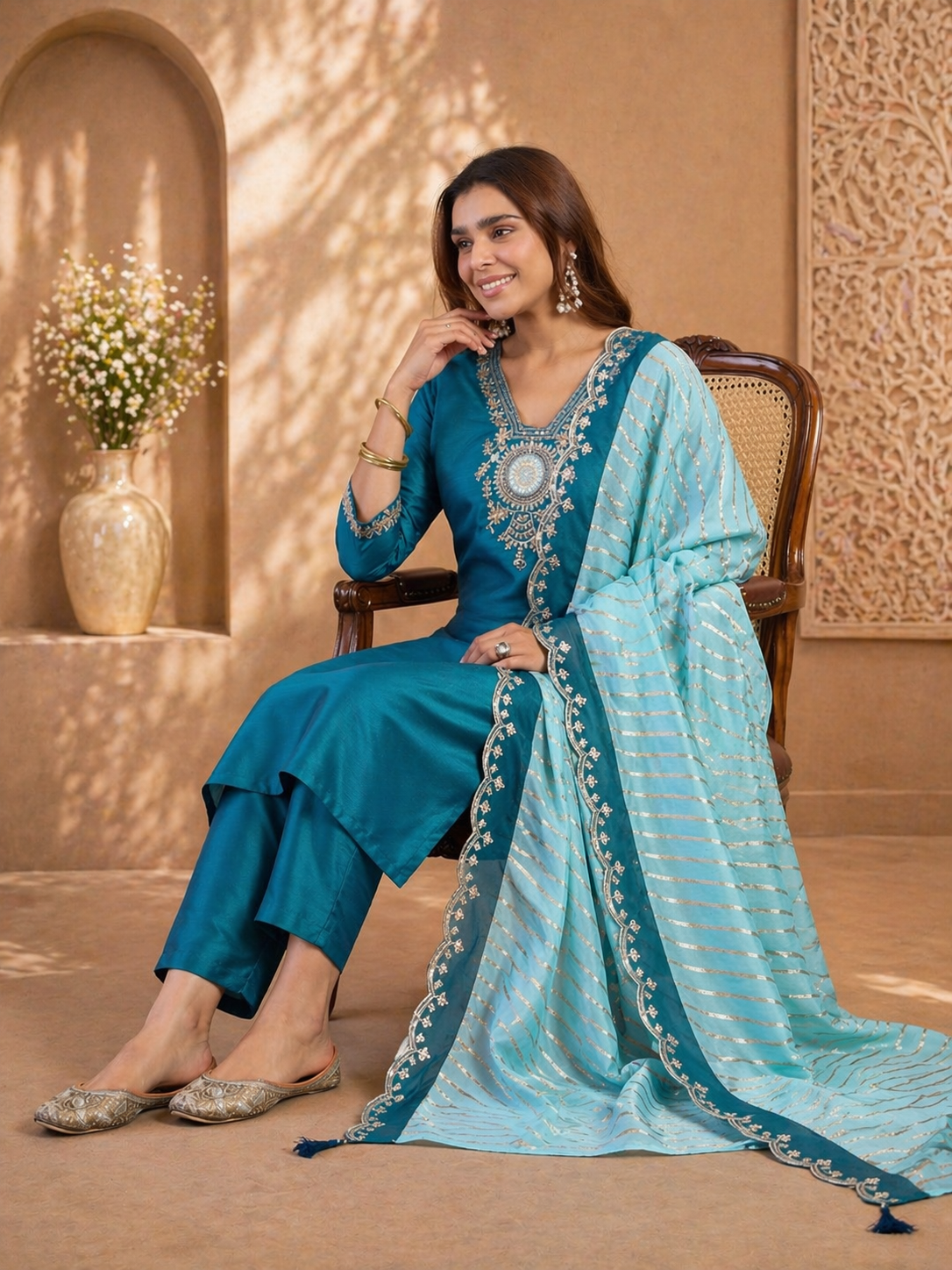 Teal Blossom Zora Silk Kurti Set