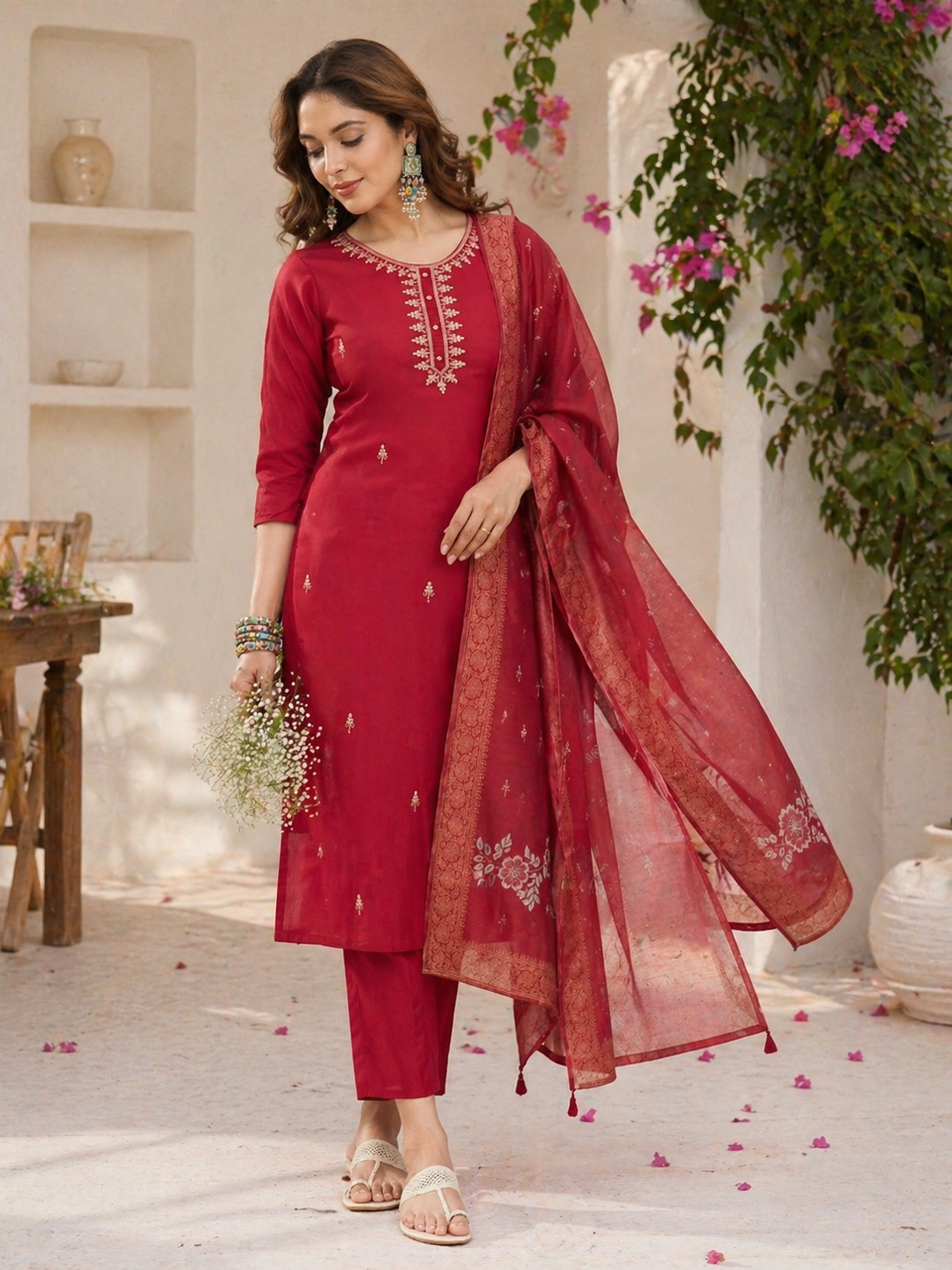 Crimson Elegance Roman Silk Kurta Set