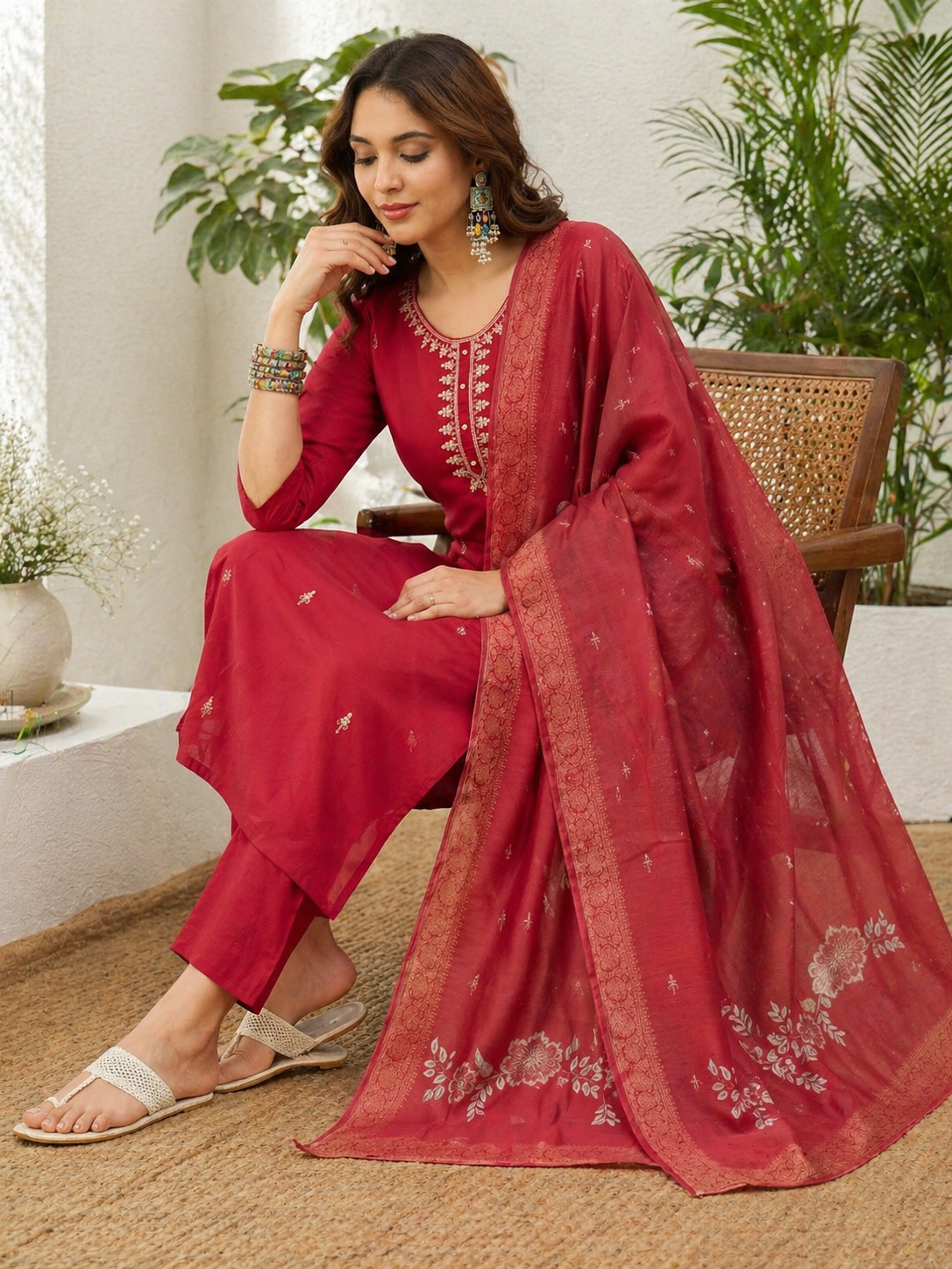 Crimson Elegance Roman Silk Kurta Set