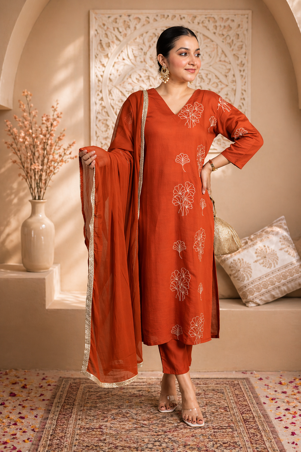 Rust Royale Silk Blend Kurti Set