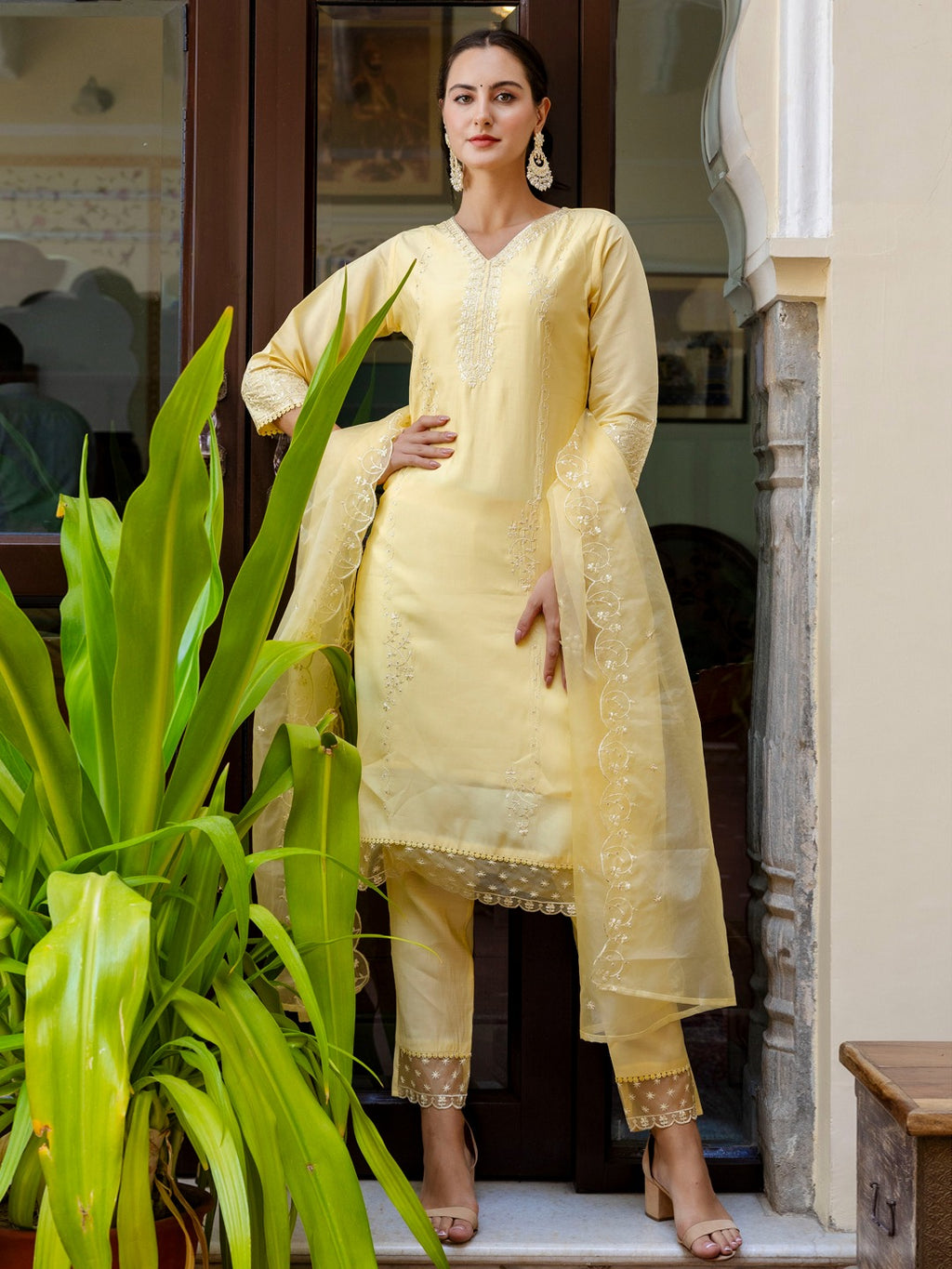 Golden Viscose Roman Silk Kurti Set