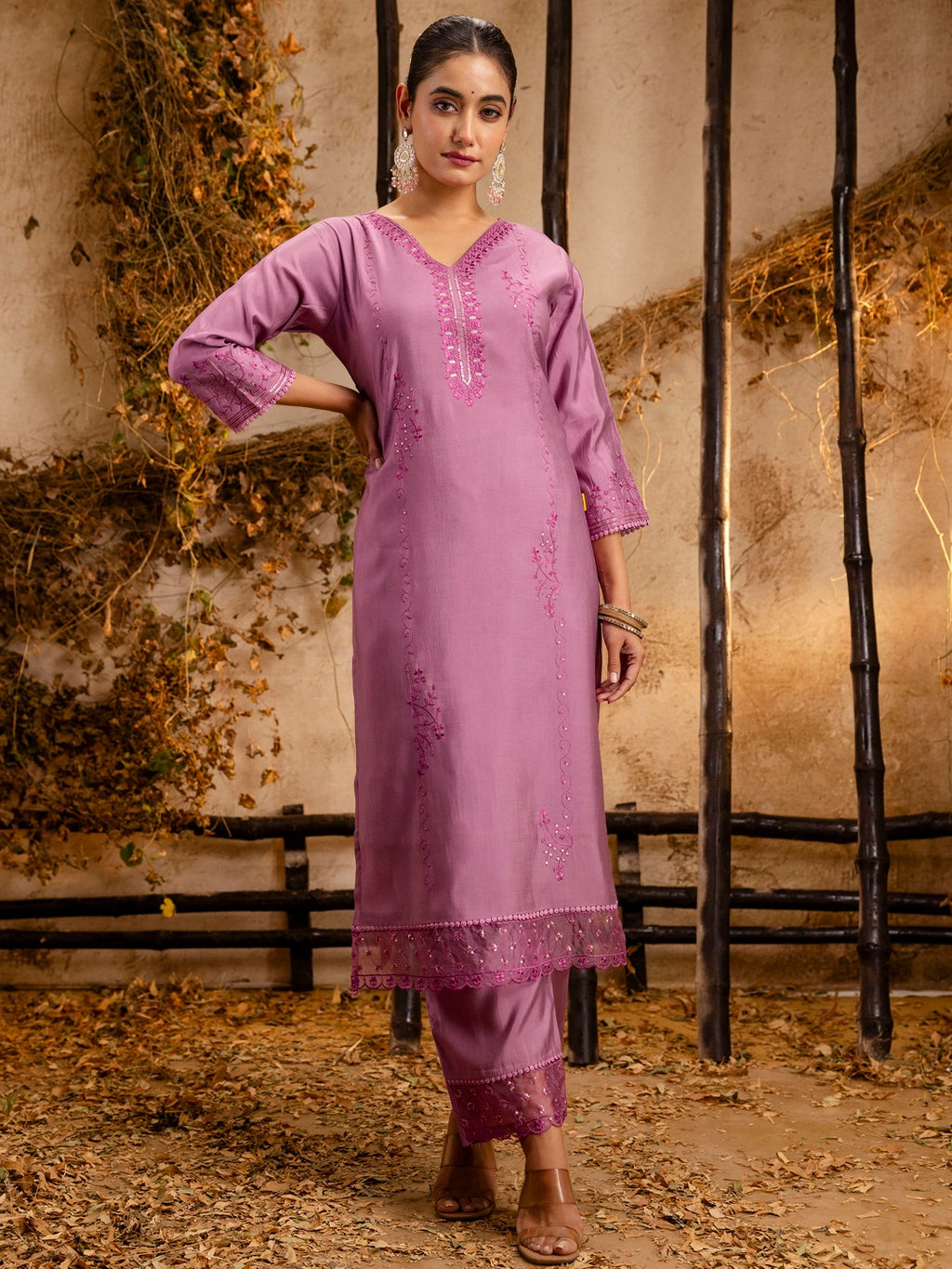 Mauve Viscose Roman Silk Kurta Set