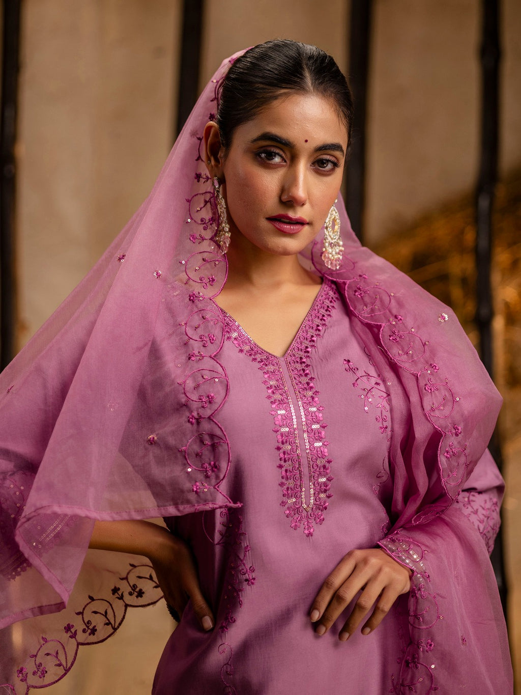 Mauve Viscose Roman Silk Kurta Set