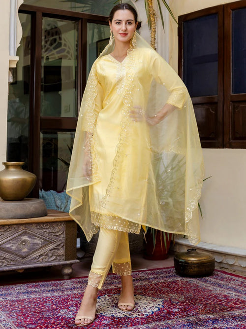 Golden Viscose Roman Silk Kurti Set