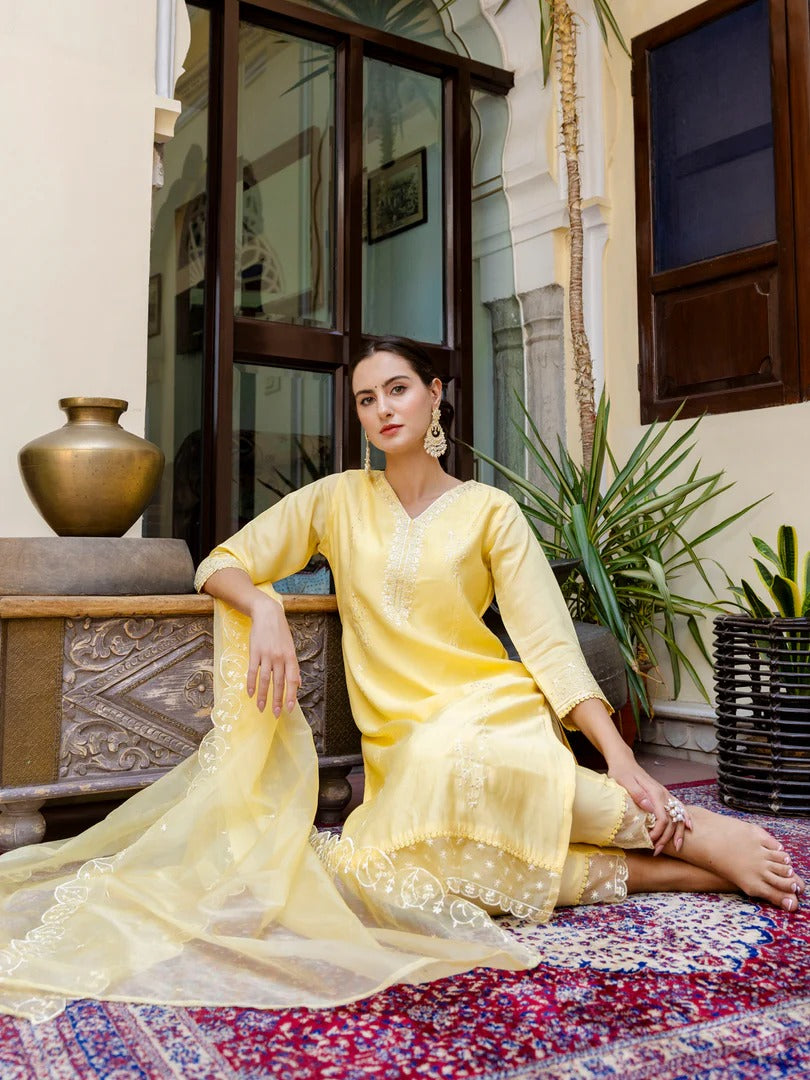Golden Viscose Roman Silk Kurti Set